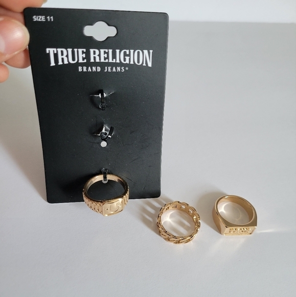 True Religion Gold Color Metallic Thick 3 Pack Logo Rings - Picture 3 of 7
